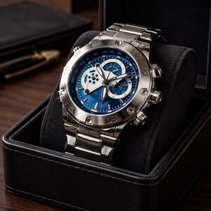 Men's Invicta Silver and Blue Stainless Steel Water Proof
